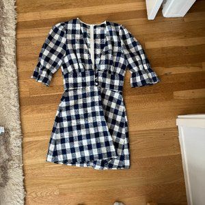 Reformation Dress Simi Linen Puff Sleeve Mini in Blue Gingham (size 6)